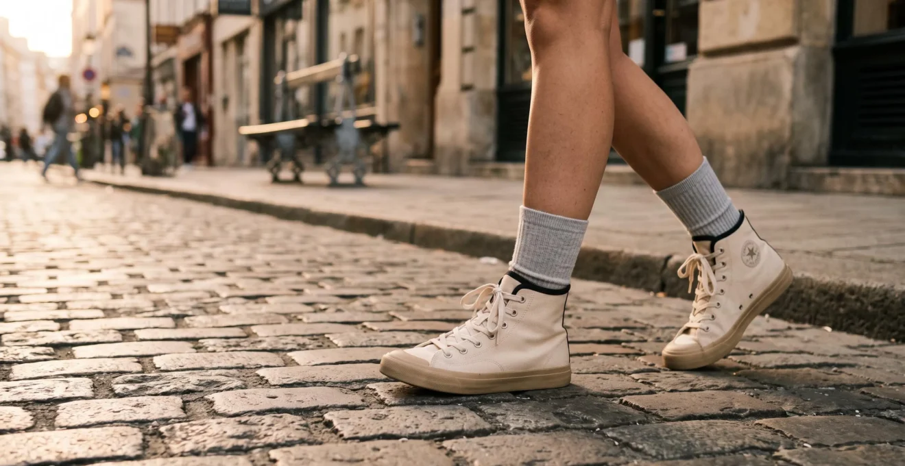 Gros plan sur jambes portant baskets montantes écru et chaussettes mi-hautes grises dépassant légèrement, marchant sur trottoir parisien pavé en lumière naturelle douce