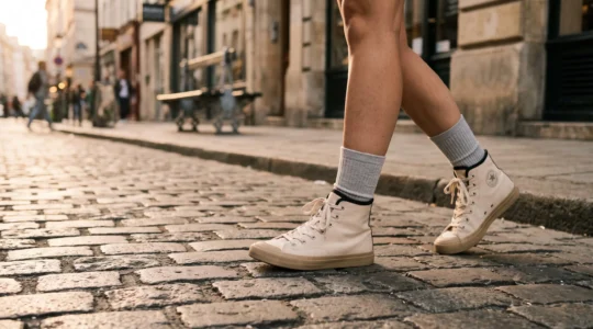 Gros plan sur jambes portant baskets montantes écru et chaussettes mi-hautes grises dépassant légèrement, marchant sur trottoir parisien pavé en lumière naturelle douce