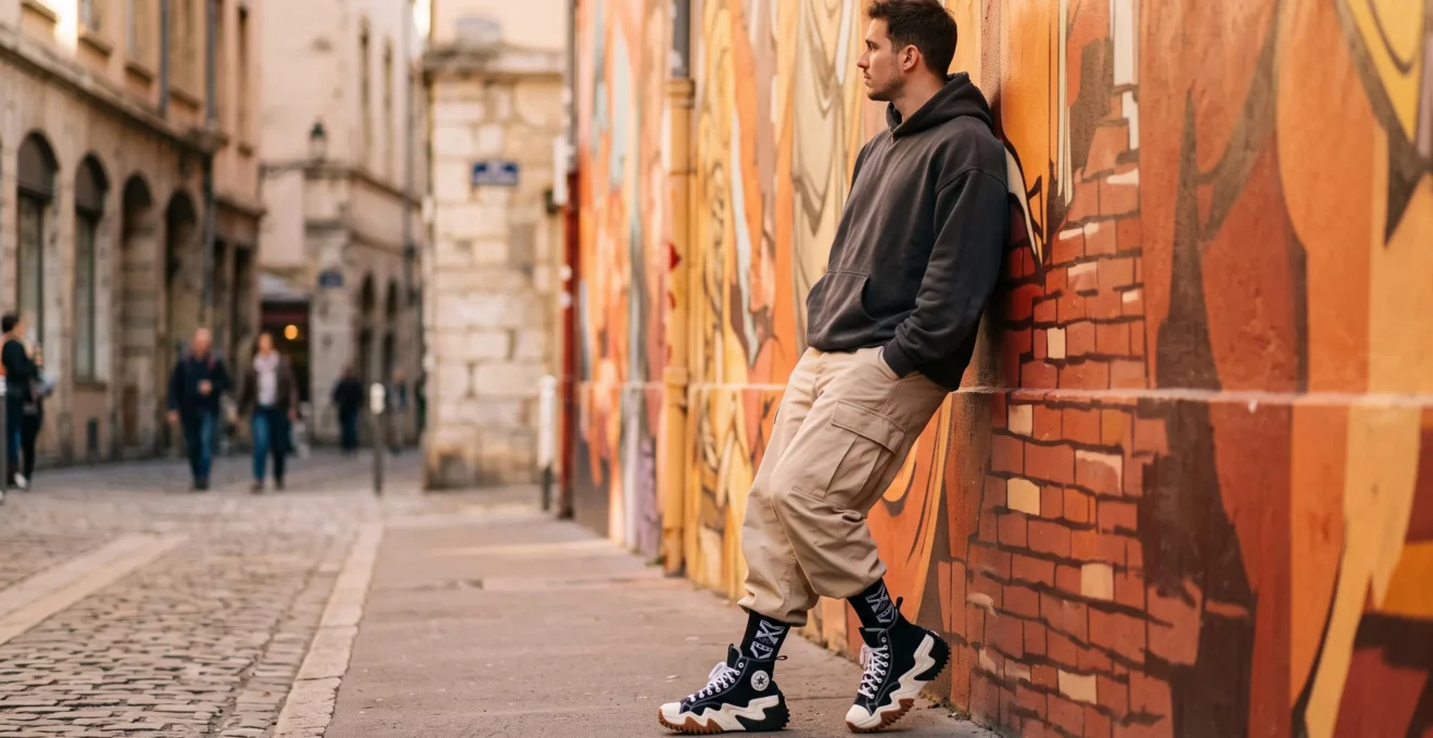 Jeune homme en tenue streetwear urbaine appuyé contre mur de street art coloré, portant baskets montantes volumineuses et chaussettes hautes noires à motifs sportswear blancs dépassant largement
