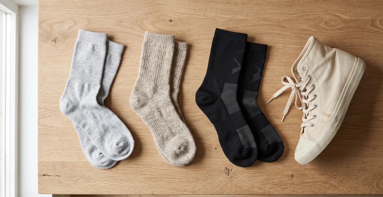 Nature morte éditoriale de trois paires de chaussettes différentes matières (coton gris, laine beige, technique noire) et basket montante écrue disposées sur table bois clair en lumière naturelle douce